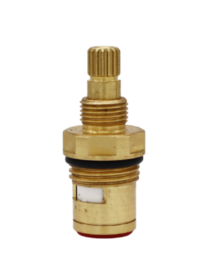 Bright brass cartridge with black rubber o-ring white ceramic discs and red bottom washer.