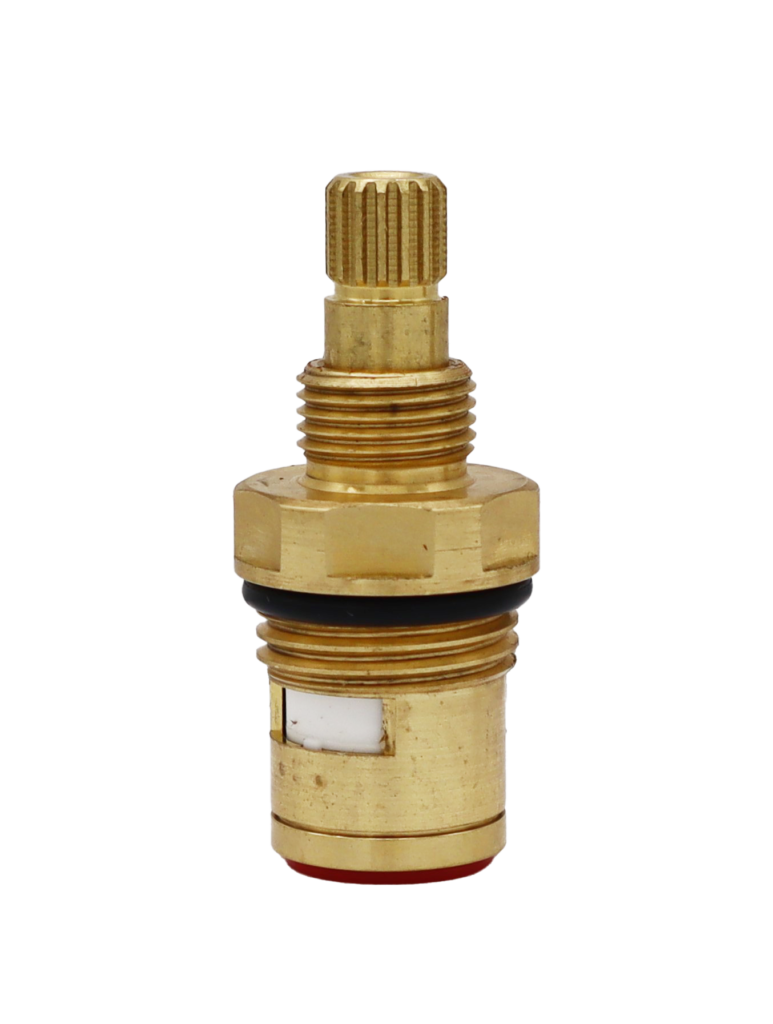 Bright brass cartridge with black rubber o-ring white ceramic discs and red bottom washer.