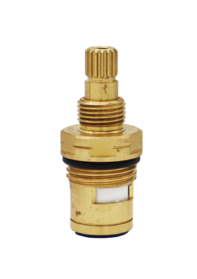 Birght brass cartridge with black rubber o-ring white ceramic discs and blue bottom washer.