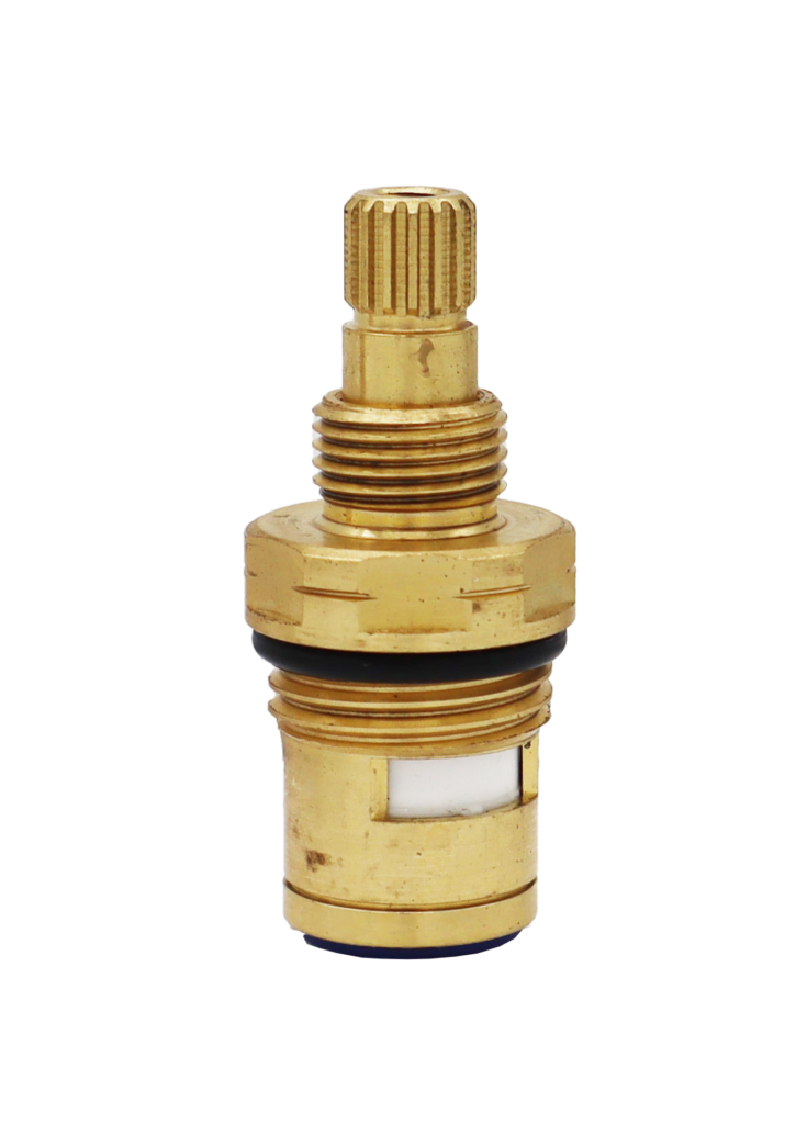 Birght brass cartridge with black rubber o-ring white ceramic discs and blue bottom washer.