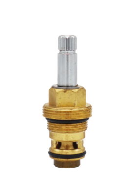 Bright brass body with polished chrome stem black orings and black washer on the bottom.