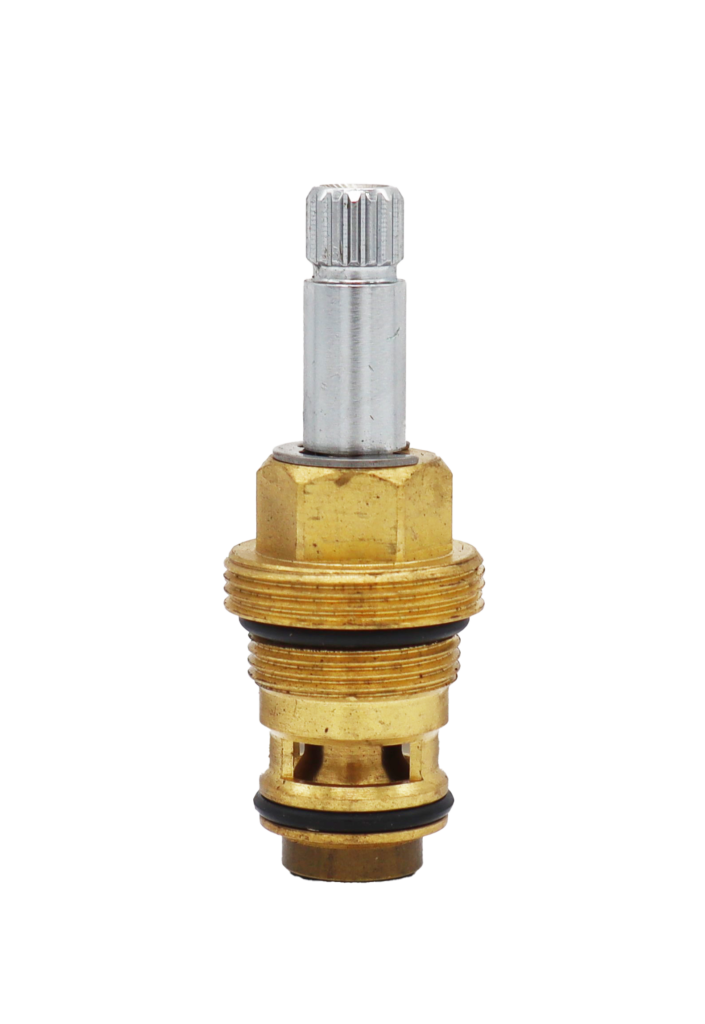 Bright brass body with polished chrome stem black orings and black washer on the bottom.