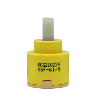 Bright yellow plastic cartridge with white square handle connection with tan bottom and white rubber seal.