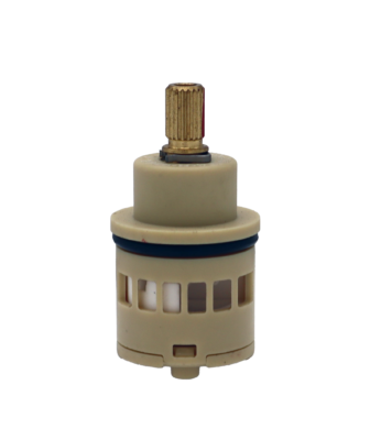 Tan plastic cartridge with black rubber o-ring brass stem with metal clip white ceramic discs and black rubber seals.