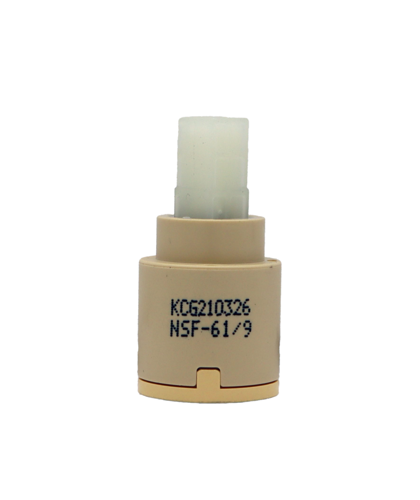 Tan plastic cartridge with white square handle connection with blue rubber seal.