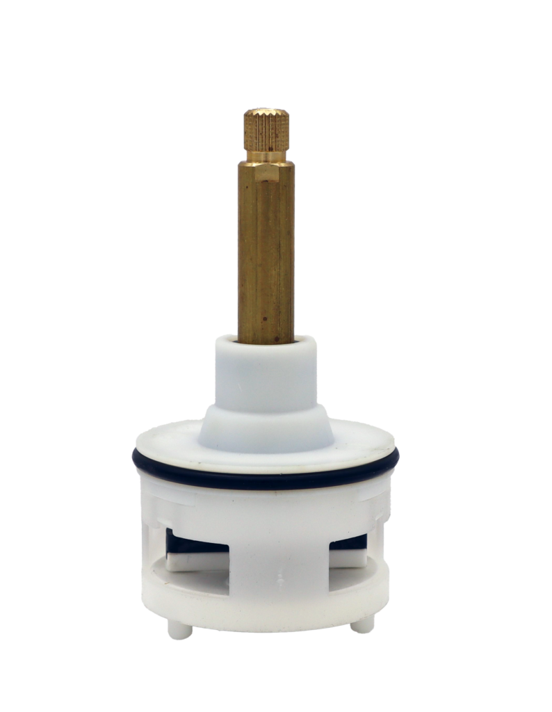 White plastic cartridge iwth bright brass stem black rubber o-ring and black rubber seals.