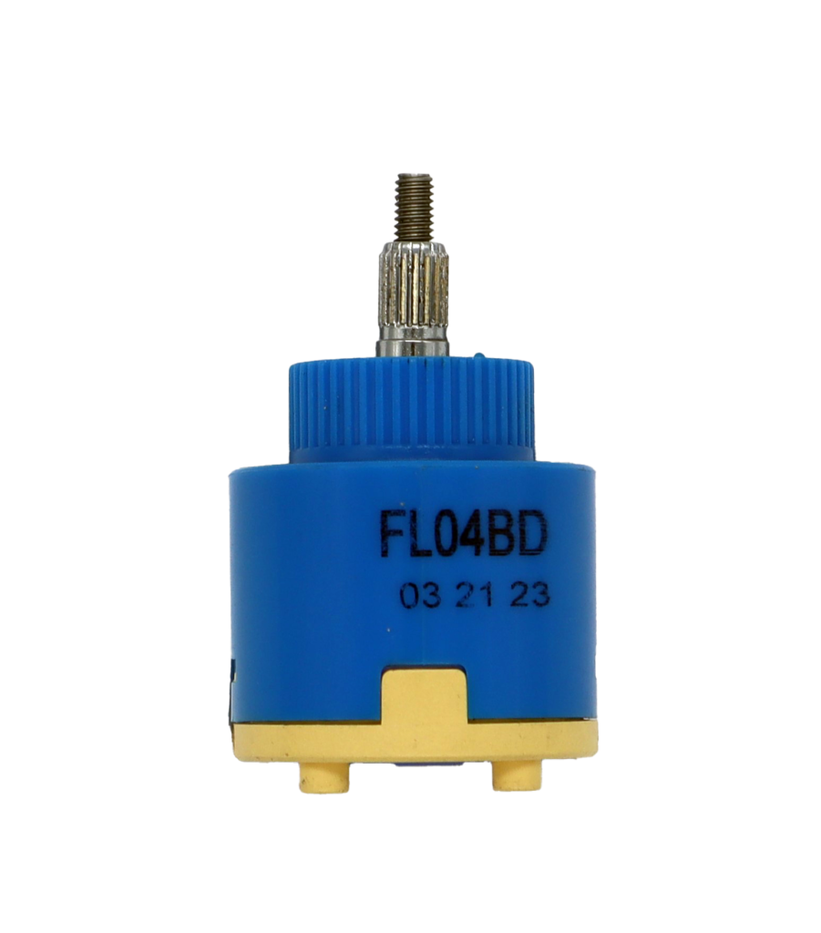 Blue plastic cartridge with polished metal handle connection with tan bottom and blue seals.