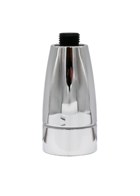 Polished chrome sprayhead with balck plastic hose connection.