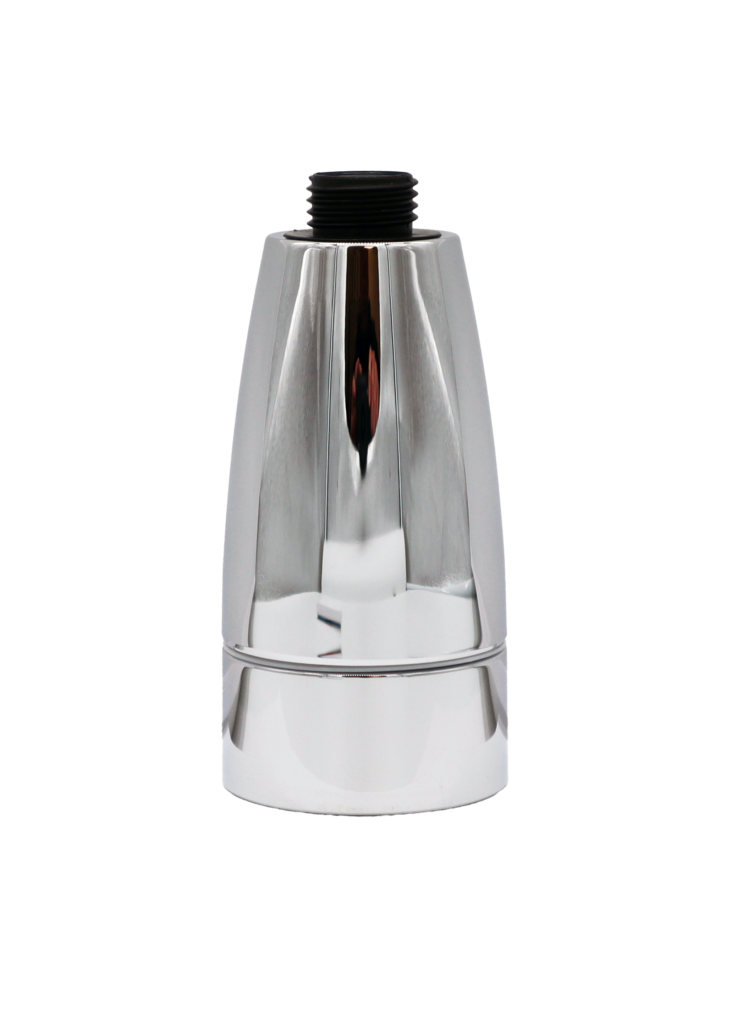 Polished chrome sprayhead with balck plastic hose connection.