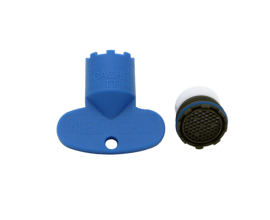 Blue plastic aerator key with black aerator insert.