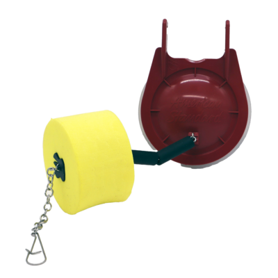 Vibrant red vinyl flapper with bright yellow float and stainless chain.