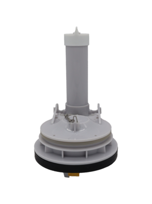 Grey plastic flush valve with black rubber seal brass screws and vinyl flapper.