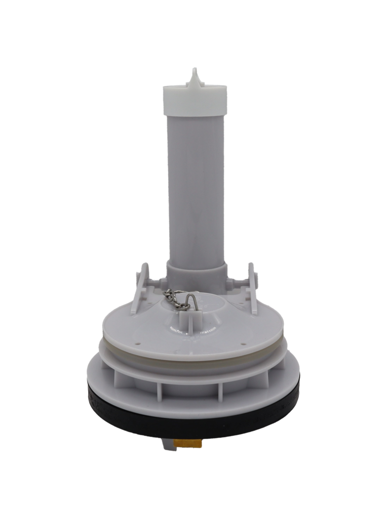 Grey plastic flush valve with black rubber seal brass screws and vinyl flapper.