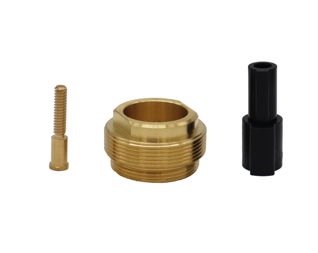 Brass bonnet nut screw and black plastic adapter.