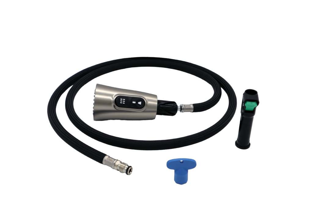 Brushed nickel sprayhead with black braided hose with quick connect fitting.