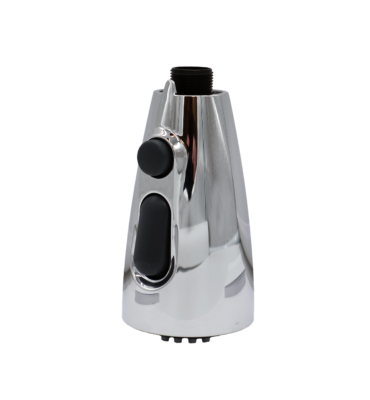 Polished chrome sprayhead with 2 black buttons black plastic hose connection.