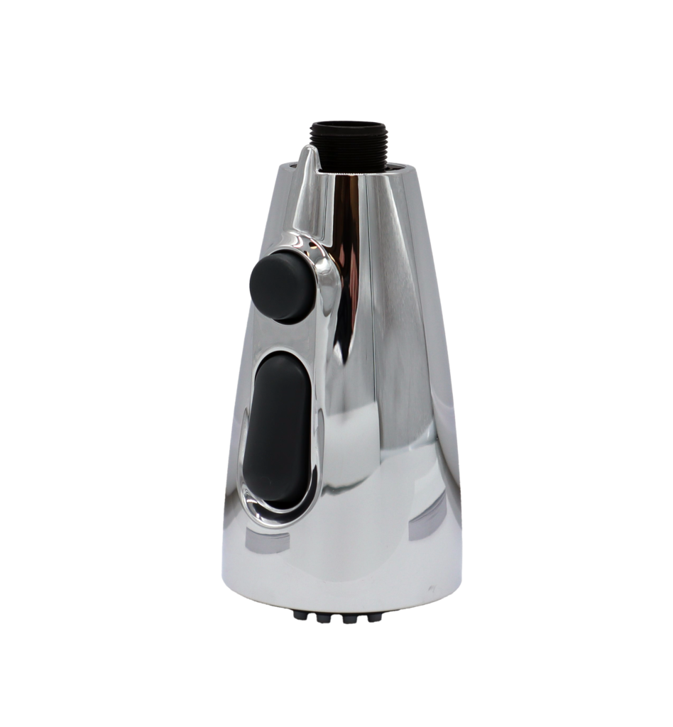 Polished chrome sprayhead with 2 black buttons black plastic hose connection.
