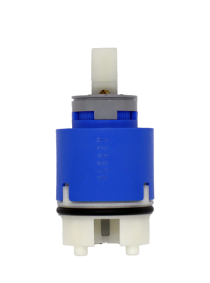 Bright blue cartridge body with grey handle stop white square handle connection black oring with bottom with black seal.