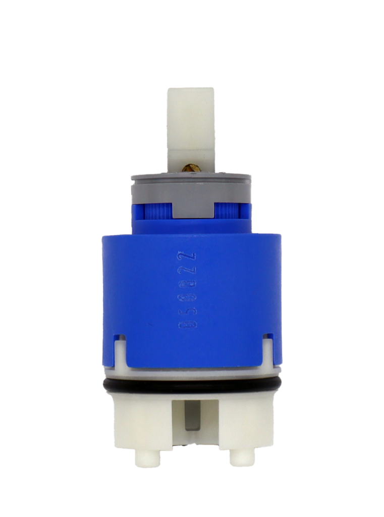 Bright blue cartridge body with grey handle stop white square handle connection black oring with bottom with black seal.