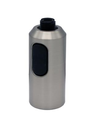 Stainless sprayhead with black rubber button and black plastic threads.