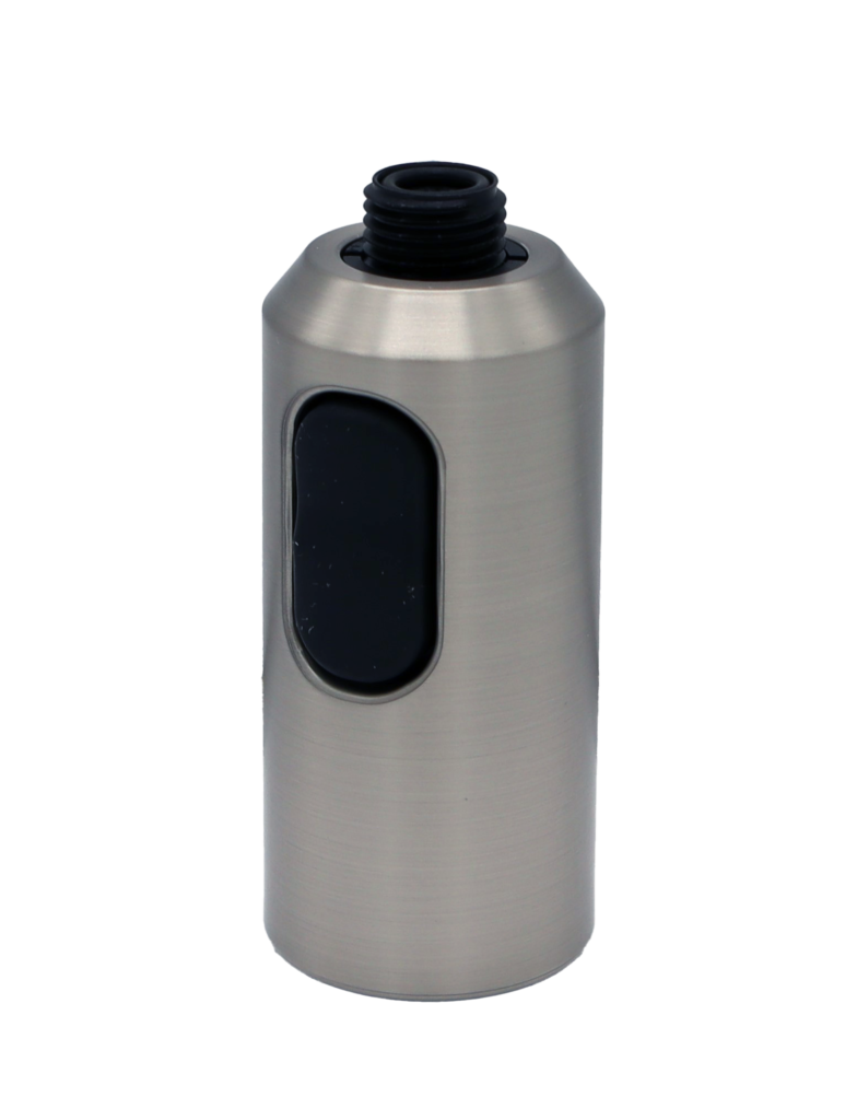 Stainless sprayhead with black rubber button and black plastic threads.