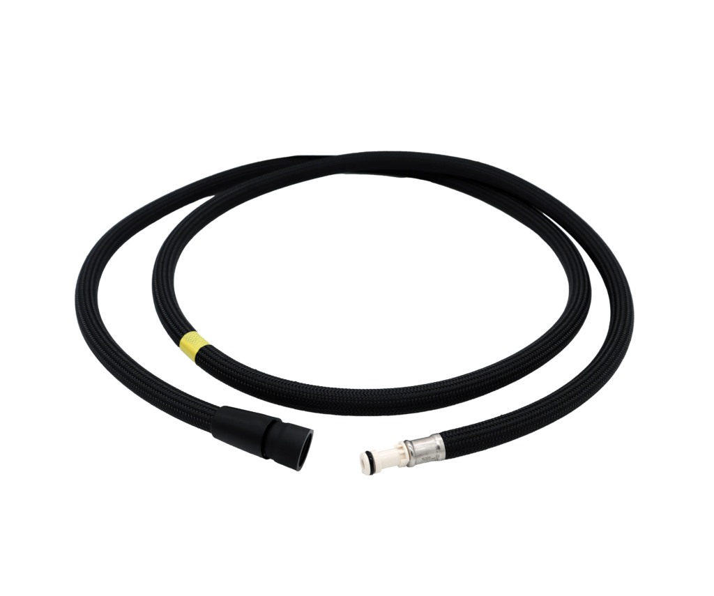 Black braided hose with quick connect fitting and threaded connection.