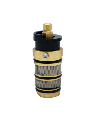Bright brass thermostatic cartridge body with stainless screens brass stem black plastic limit stop black rubber o-rings and copper thermo.