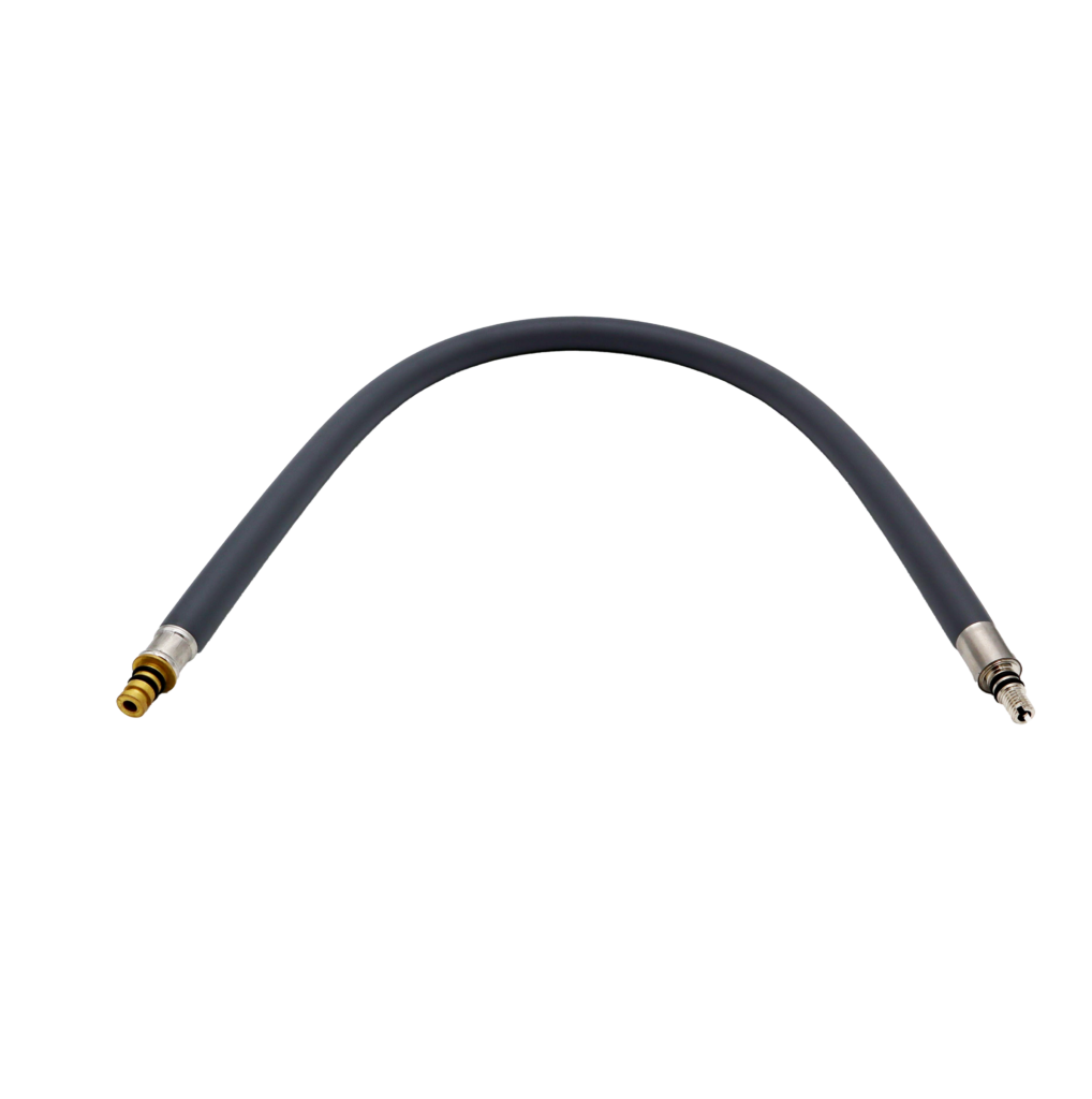 Gray kitchen faucet hose with brass fittings on the ends of the hose for connection to the faucet and spray head.