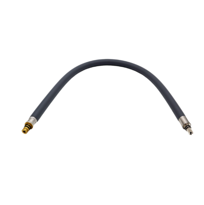 Gray kitchen faucet hose with brass fittings on the ends of the hose for connection to the faucet and spray head.