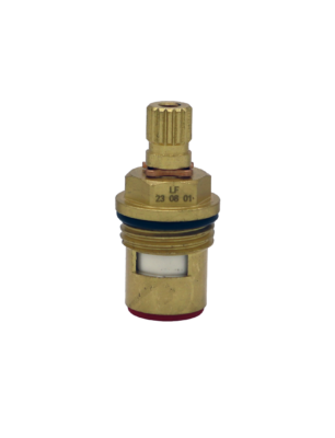 Bright brass cartridge with copper clip black rubber o-ring white ceramic discs and rubber bottom seal.