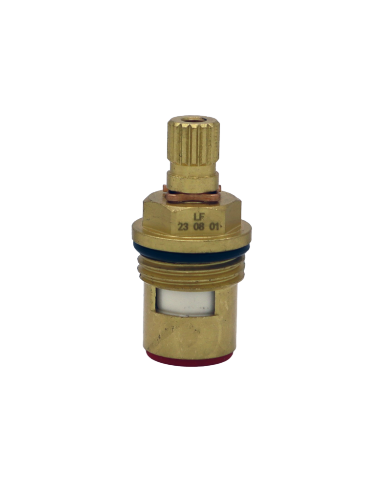 Bright brass cartridge with copper clip black rubber o-ring white ceramic discs and rubber bottom seal.
