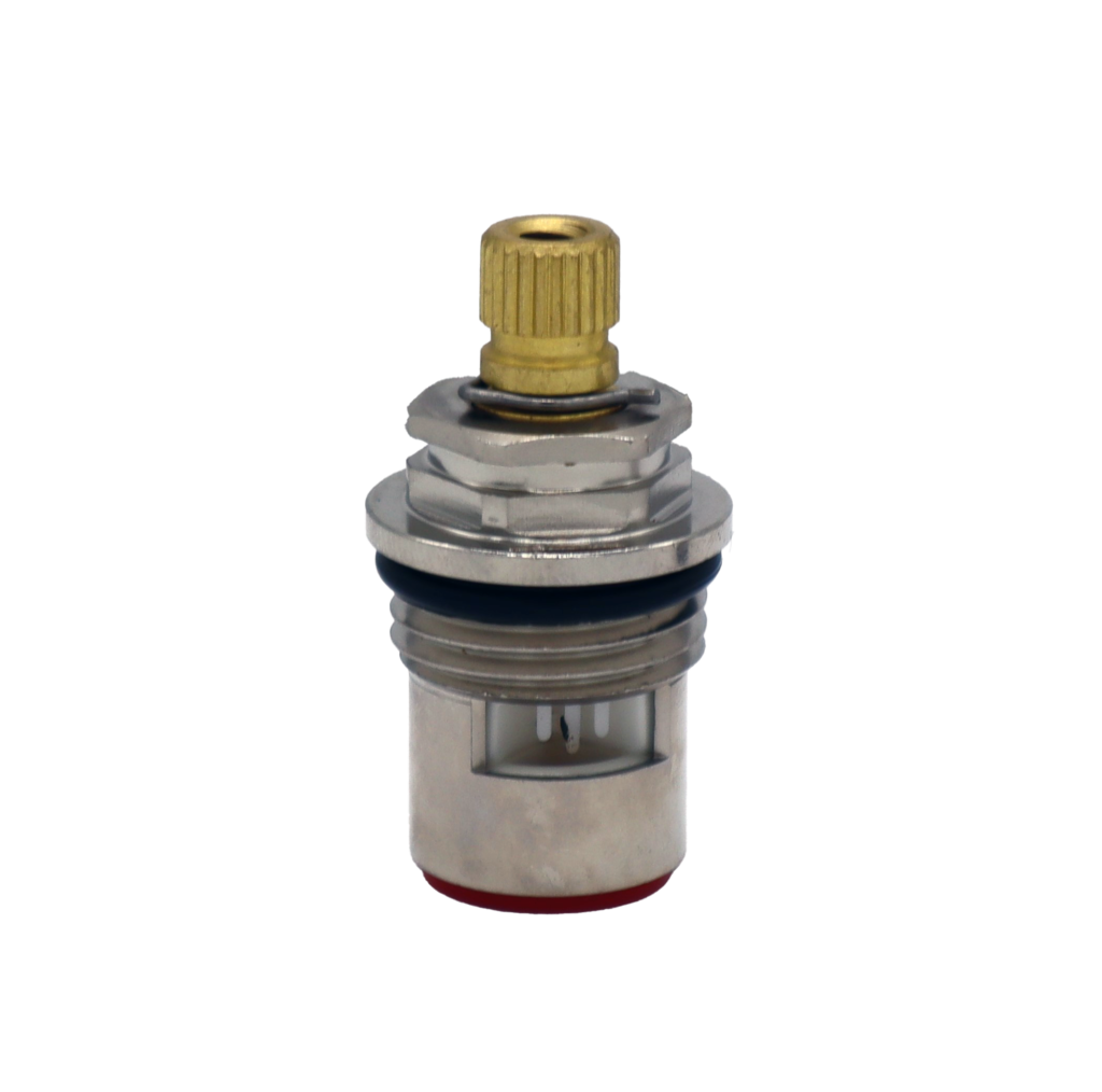 Polished chrome cartridge with brass stem black rubber o-ring white ceramic discs and red rubber washer.
