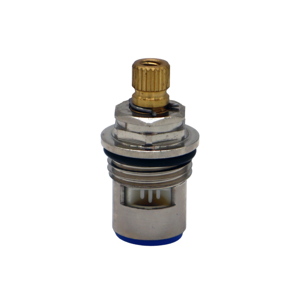 Polished chrome cartridge with brass stem black rubber washer white ceramic discs and blue rubber seal.