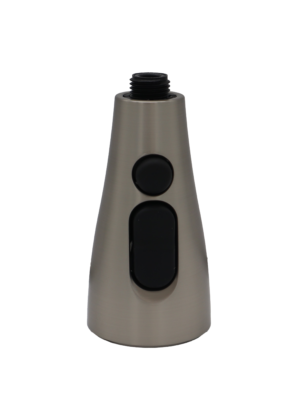 Stainless steel spray head with 2 black rubber buttons with black plastic threads for hose connection.