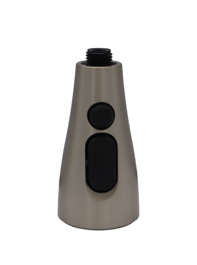 Stainless steel spray head with 2 black rubber buttons with black plastic threads for hose connection.