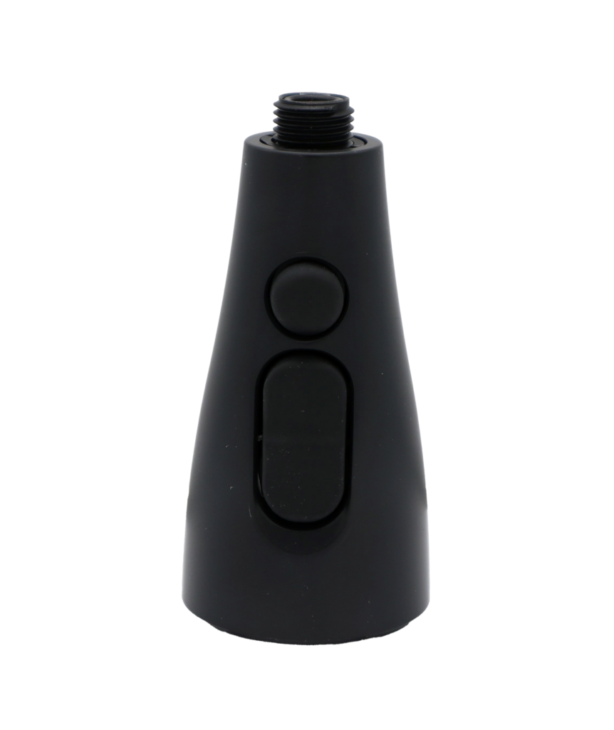 Matte black spray head with dual function buttons and black threaded connection.