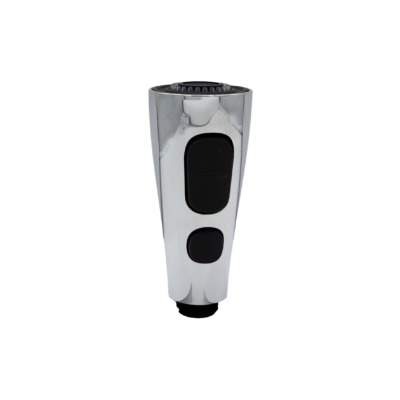 Polished chrome sprayhead with black rubber buttons.