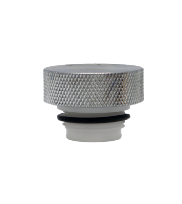 Polished chrome cap with white plastic vacuum breaker and black rubber o-ring.
