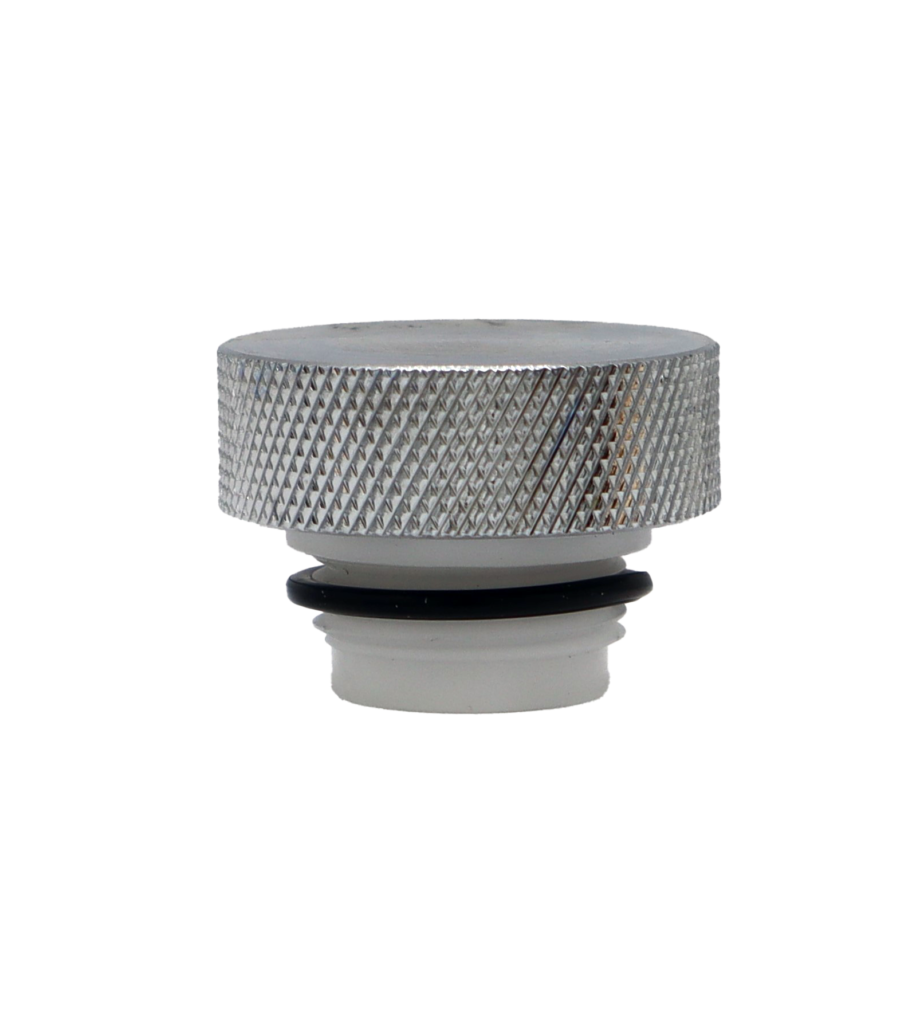 Polished chrome cap with white plastic vacuum breaker and black rubber o-ring.