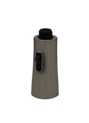 Stainless steel spray head with black rubber button and black plastic threads.