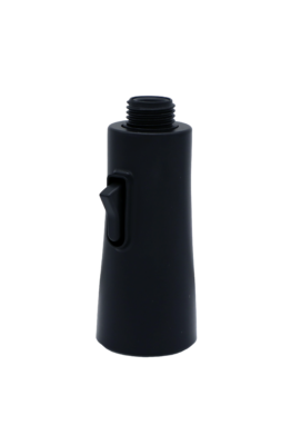 Matte black spray head with black rubber button and black plastic threads.