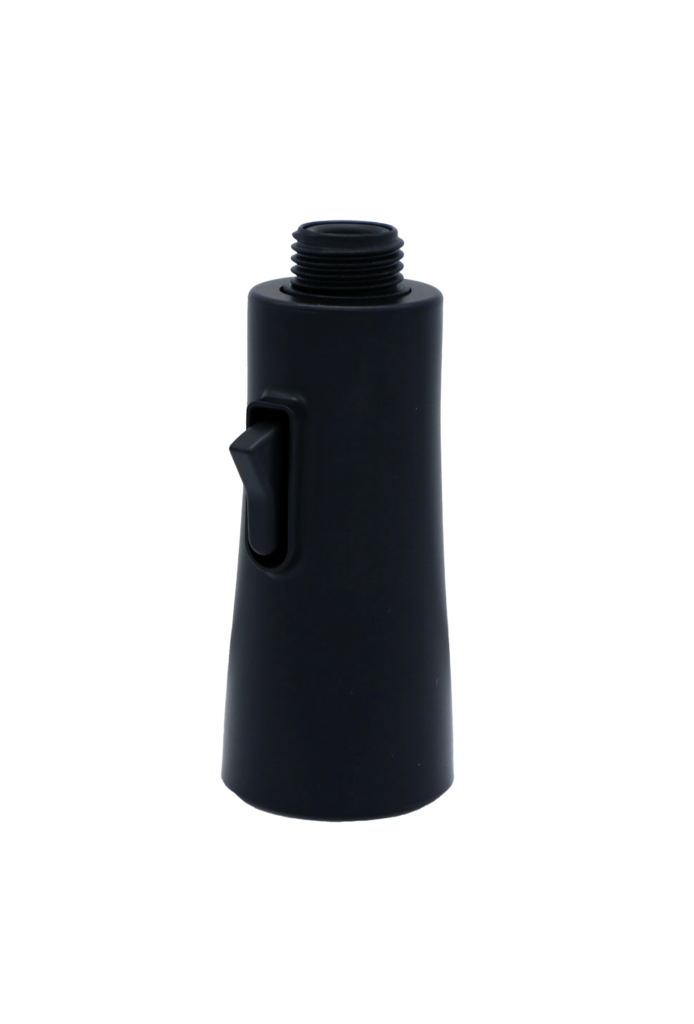 Matte black spray head with black rubber button and black plastic threads.
