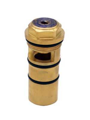 Bright brass check stop with black rubber o-rings and blue marked top.