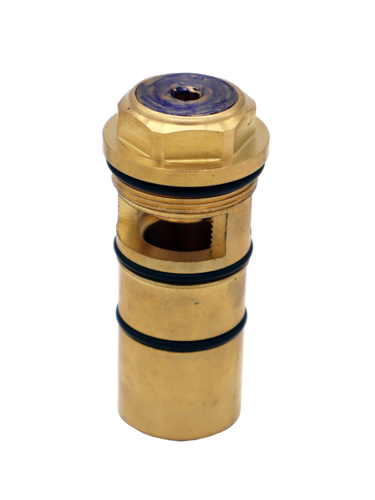 Bright brass check stop with black rubber o-rings and blue marked top.