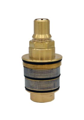 Bright brass thermo cartridgw with stainless mesh black rubber o-rings and white internals.