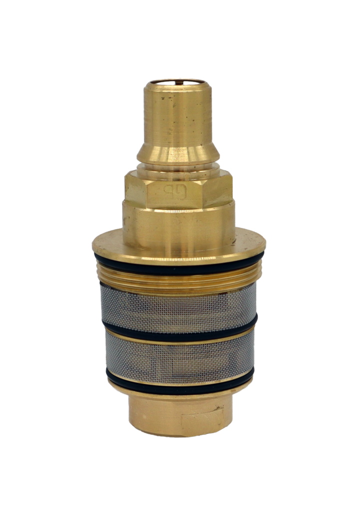 Bright brass thermo cartridgw with stainless mesh black rubber o-rings and white internals.