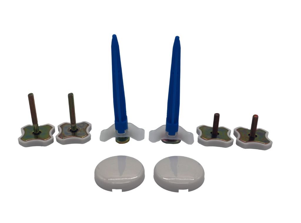 Blue alignment guides long and short star bolts and white plastic bolt caps.