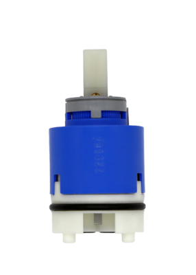 Bright blue plastic cartridge with grey plast limit stop with white square handle connection, white bottom with black o-ring and black bottom seal.
