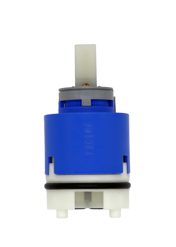Bright blue plastic cartridge with grey plast limit stop with white square handle connection, white bottom with black o-ring and black bottom seal.