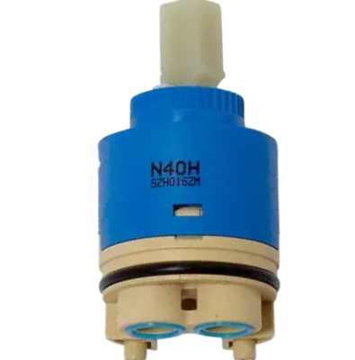 Blue and tan plastic cartridge with white square handle connection and light blue rubber seals.